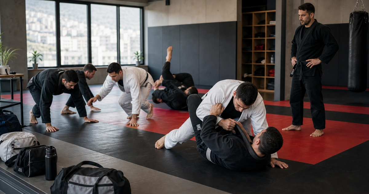 cinematic Brazilian Jiu-Jitsu camp scene in Georgia showing budget comparison