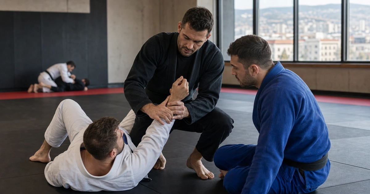 cinematic Brazilian Jiu-Jitsu camp scene in Georgia showing pavel zaitsev: bjj, grappling, and leg locks
