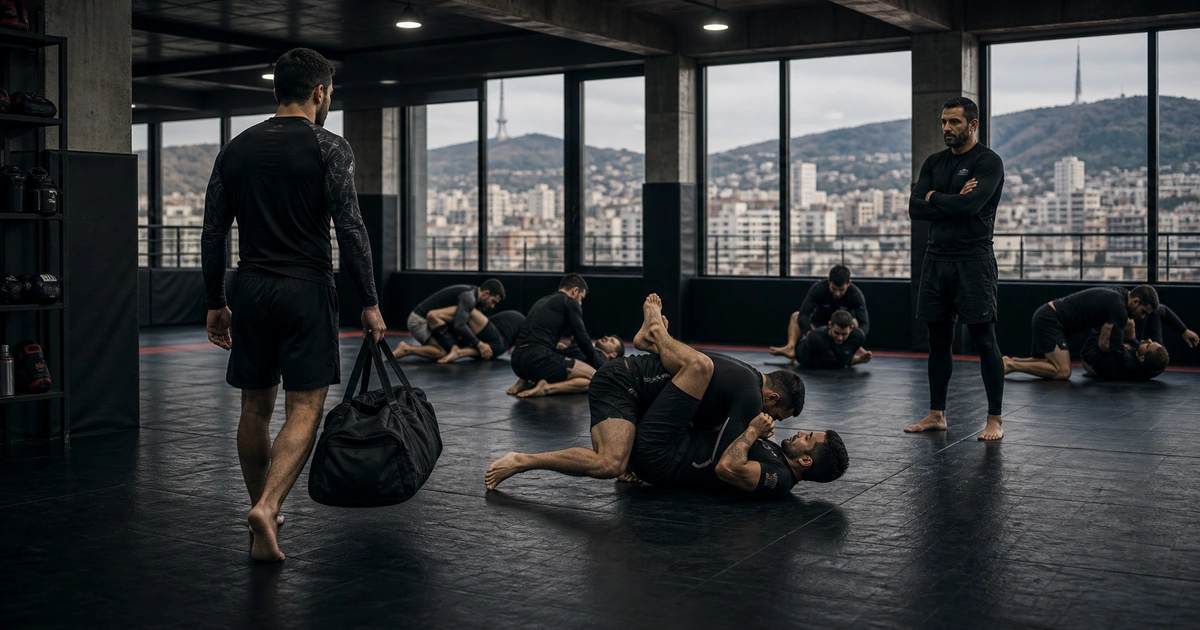 cinematic Brazilian Jiu-Jitsu camp scene in Georgia showing what training-only includes