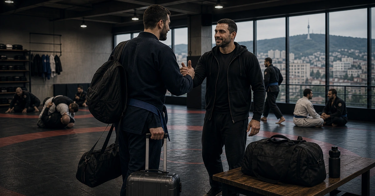 cinematic Brazilian Jiu-Jitsu camp scene in Georgia showing training detail